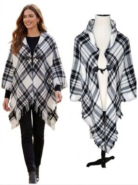 Black and white plaid cape sweater wrap fringe toggle Closure one size fits all